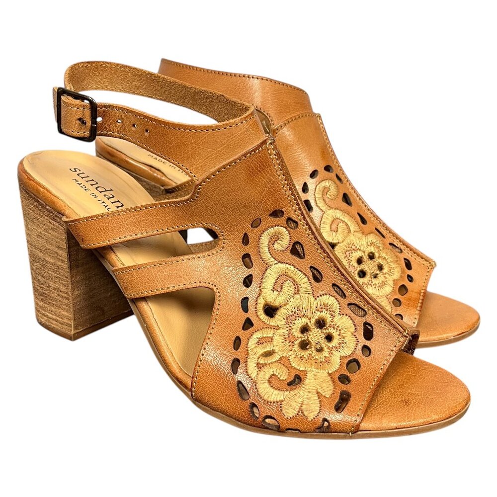 Sundance Embroidered Leather Sandals Heels Womens 8.5